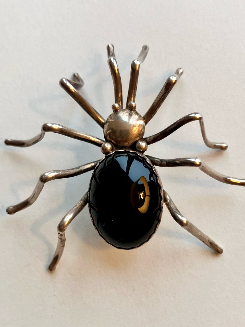 E. Spencer Navajo Sterling Silver Spider Pin Brooch Black Onyx Cabochon Large 2”